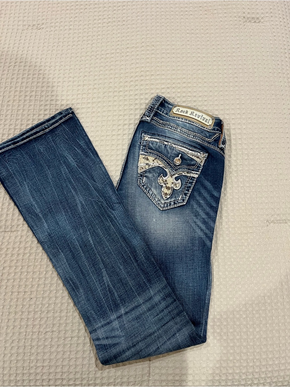 Rock Revival Women's Medium Blue Bootcut Jeans with Embroidered Pockets